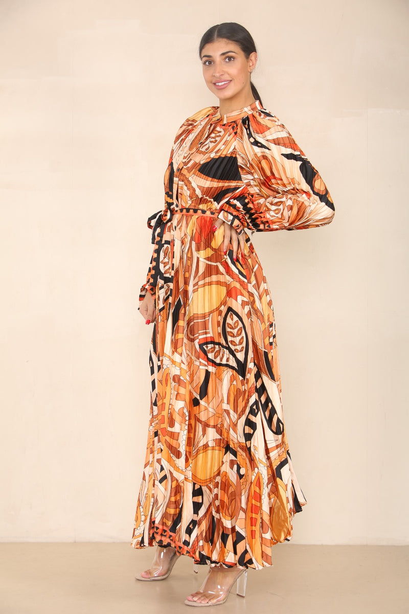 Printed Tie Waist Maxi Dress - Orange
