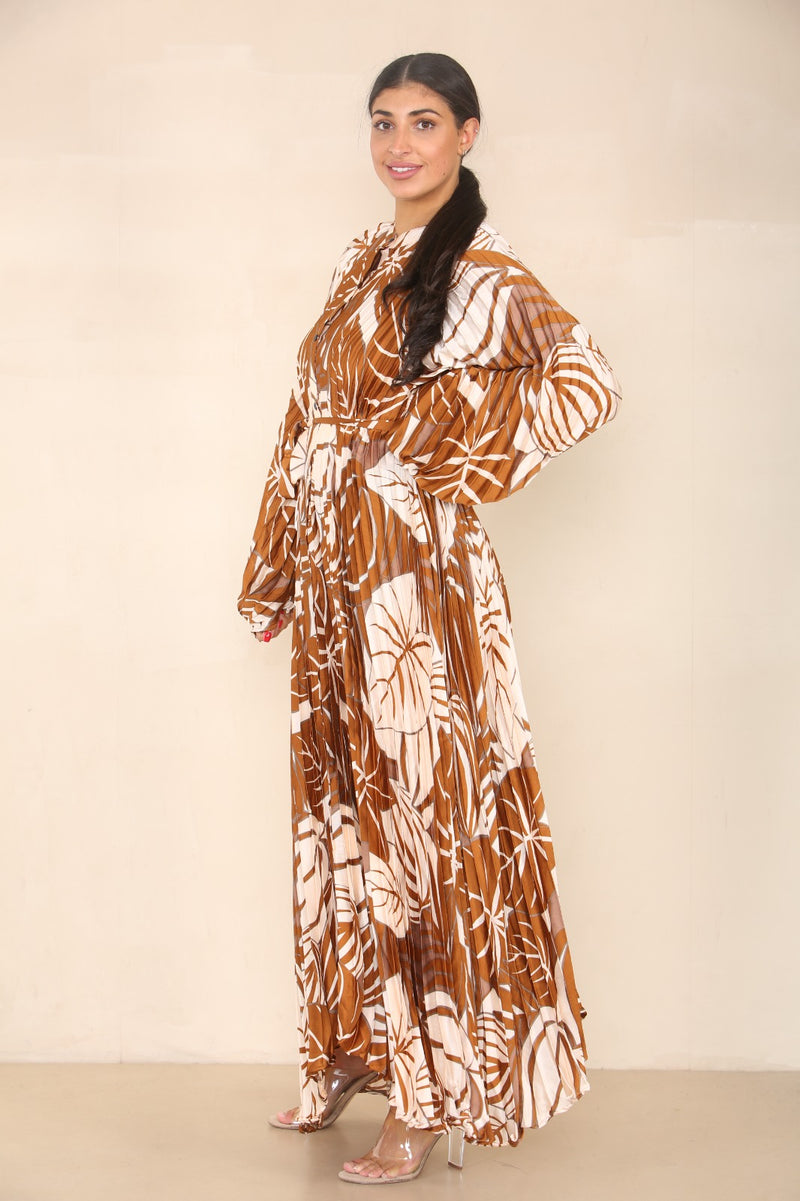 Printed Tie Waist Maxi Dress - Brown
