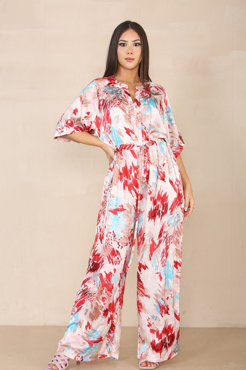 Floral Short Sleeve and Wide Leg Jumpsuit - Pink