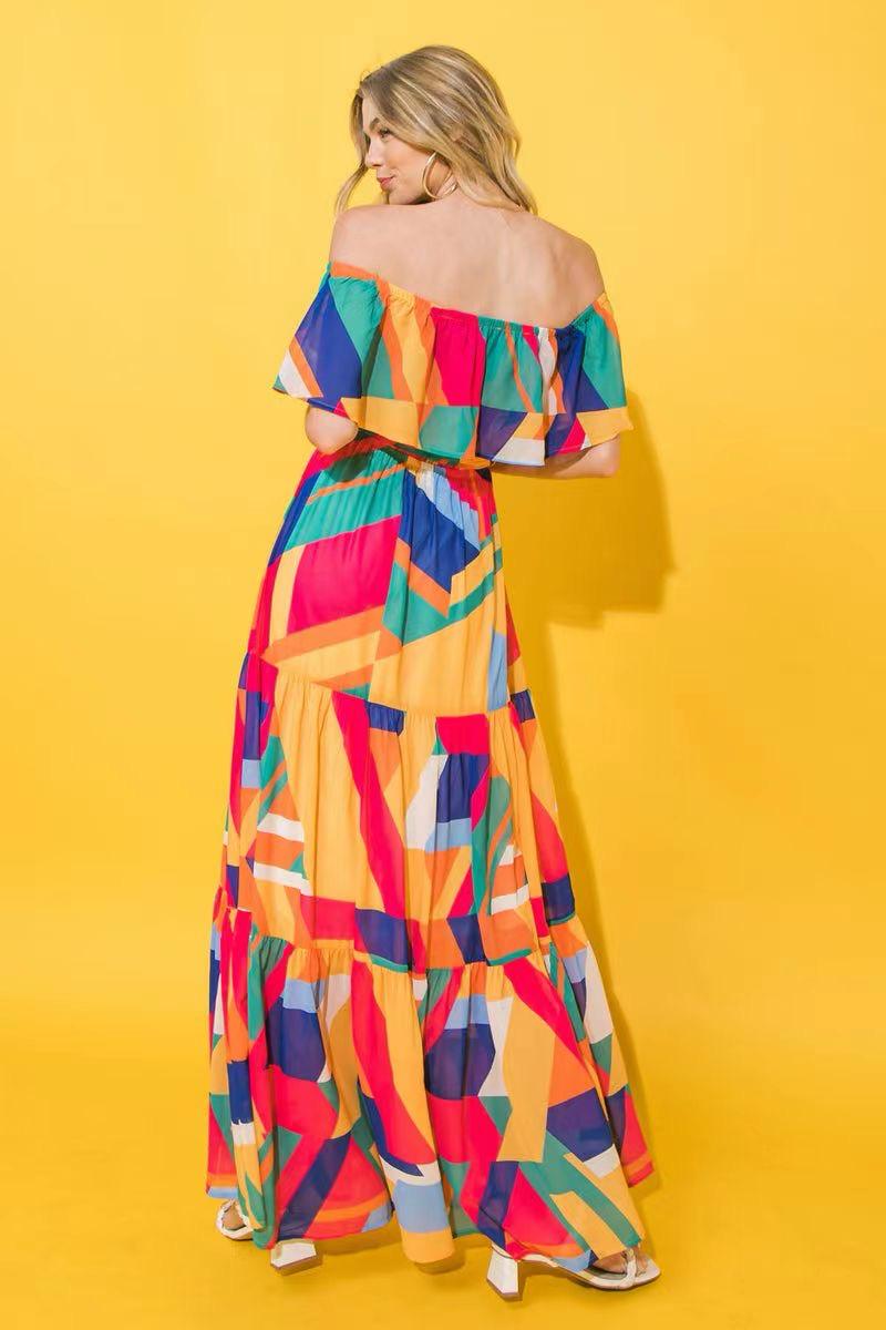 Off the Shoulder Summer Dress - Multi Coloured