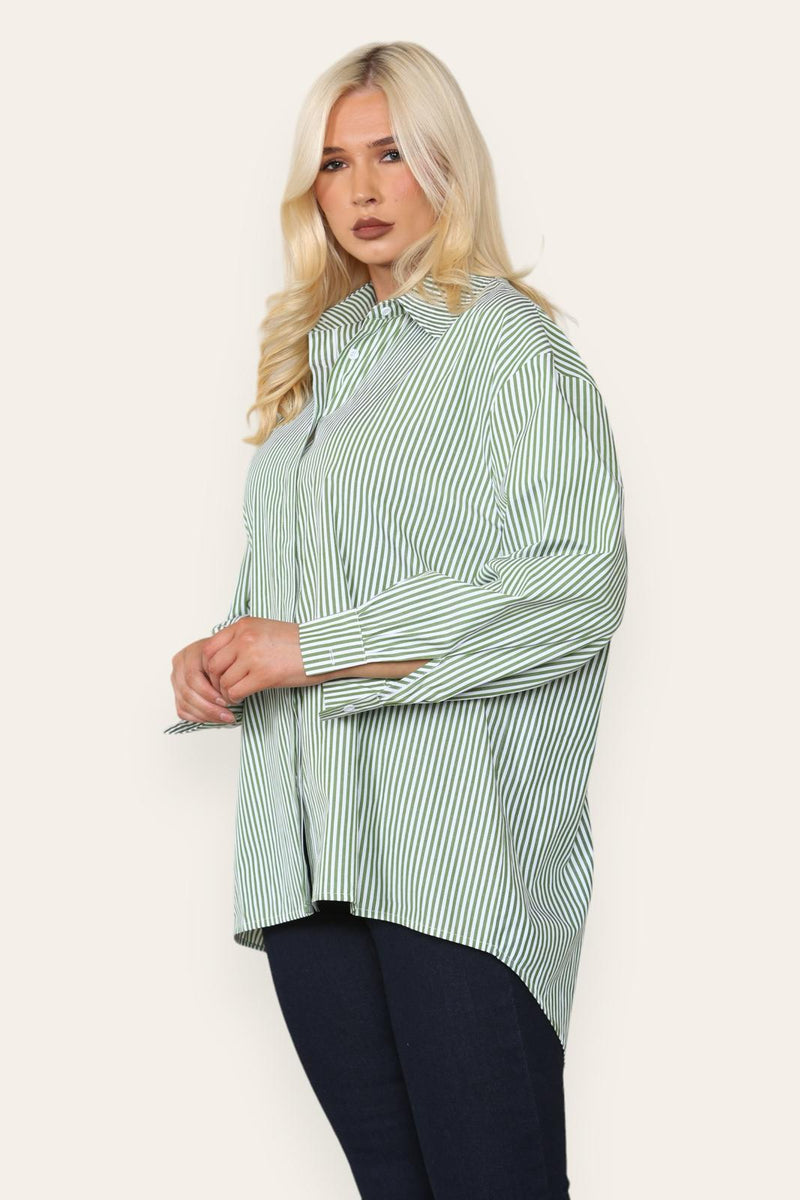 Over Size Striped Collared Shirt - Green/White