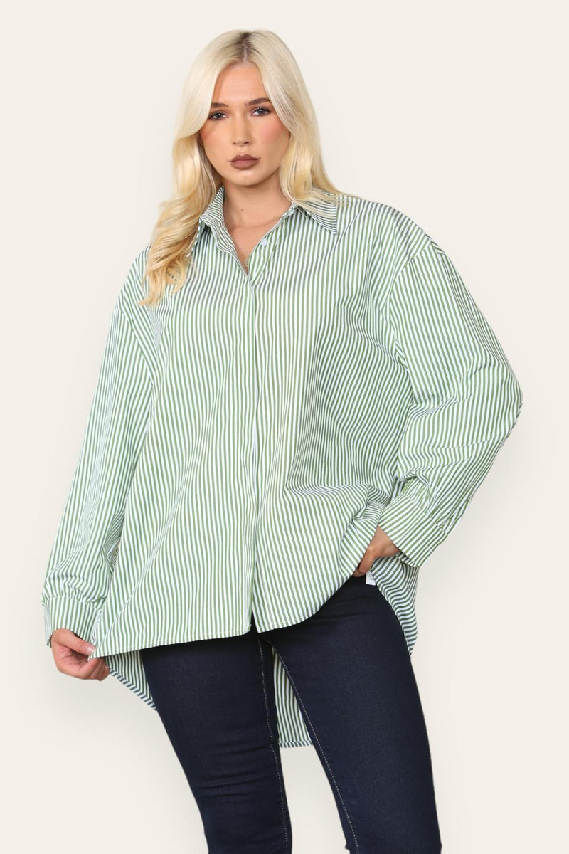 Over Size Striped Collared Shirt - Green/White