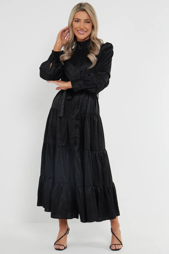 Full Sleeve Long Dress with Buttons (Black)