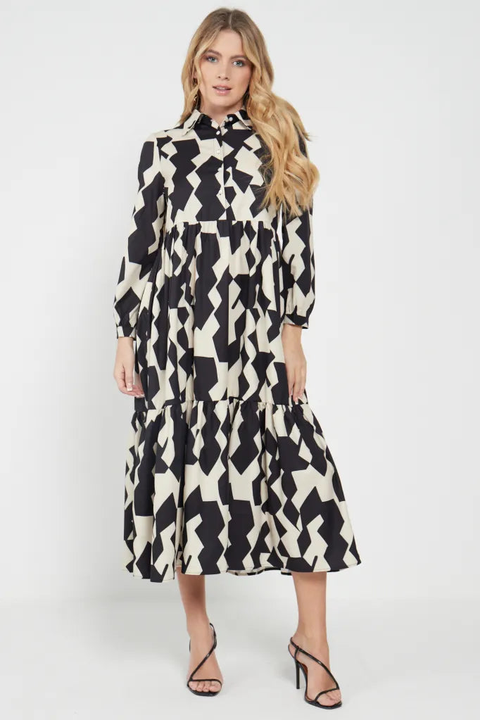 Oversized Pattern Print Dress with Buttons (Black-Cream)
