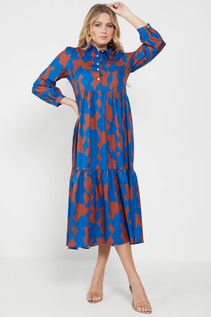 Oversized Pattern Print Dress with Buttons (Navy-Brown)