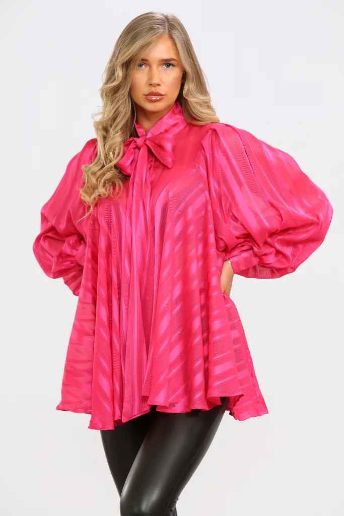 Pink Colour Satin Stripe Oversized Pussybow Blouse