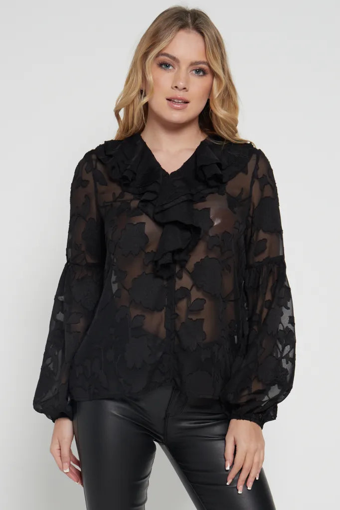 Transparent Black Blouse with Flowers