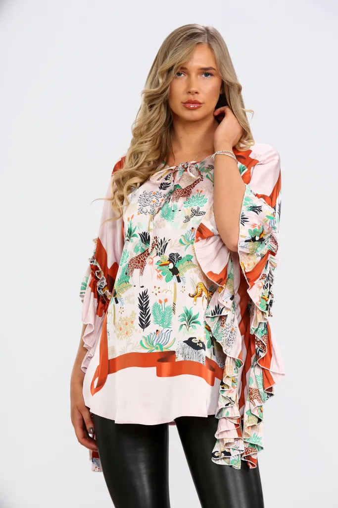 White and Green Fluffy Jungle Oversize Blouse